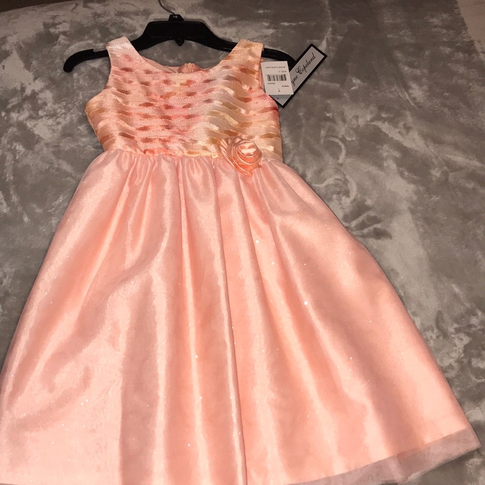 NWT. Orange shimmer dress. Lace overlay on top.